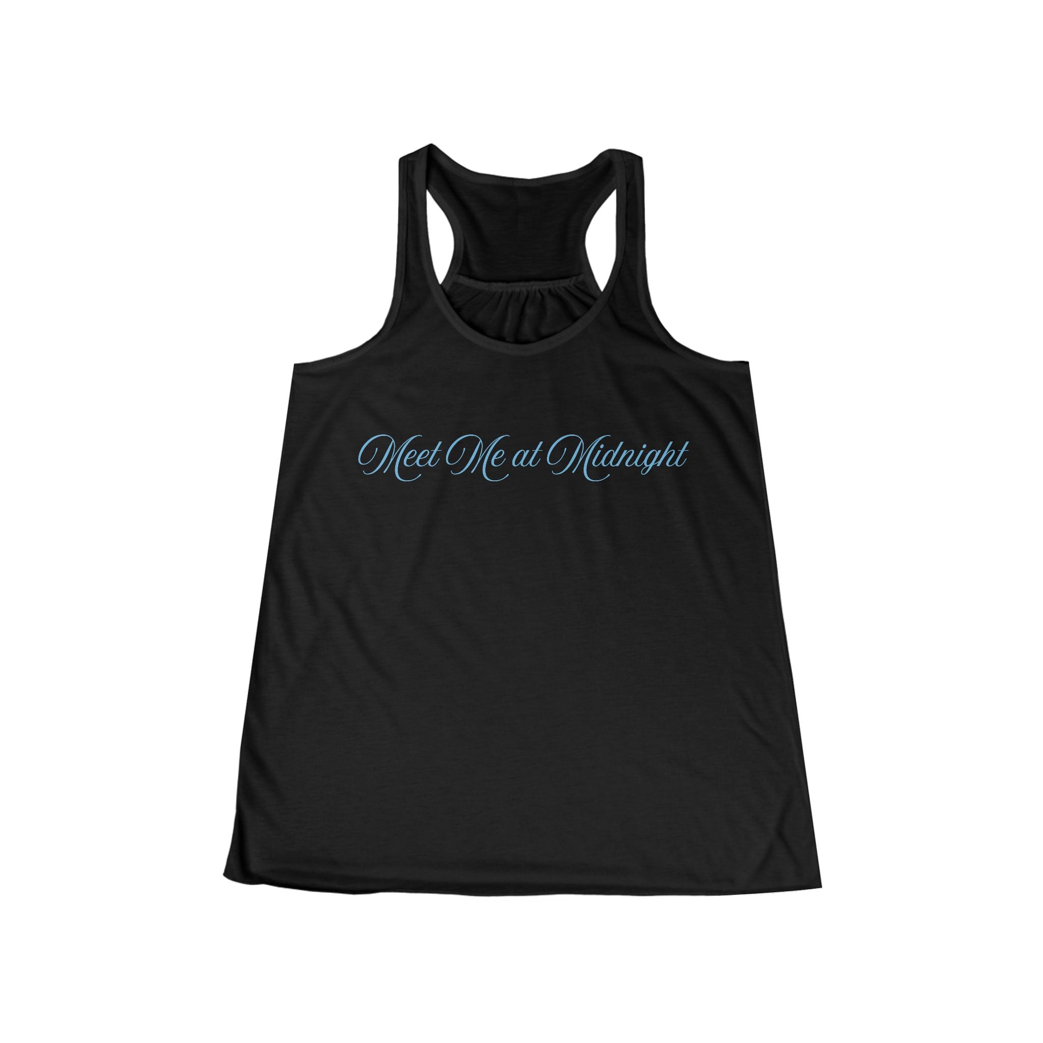 Meet Me at Midnight Blue Script Women's Flowy Racerback Tank