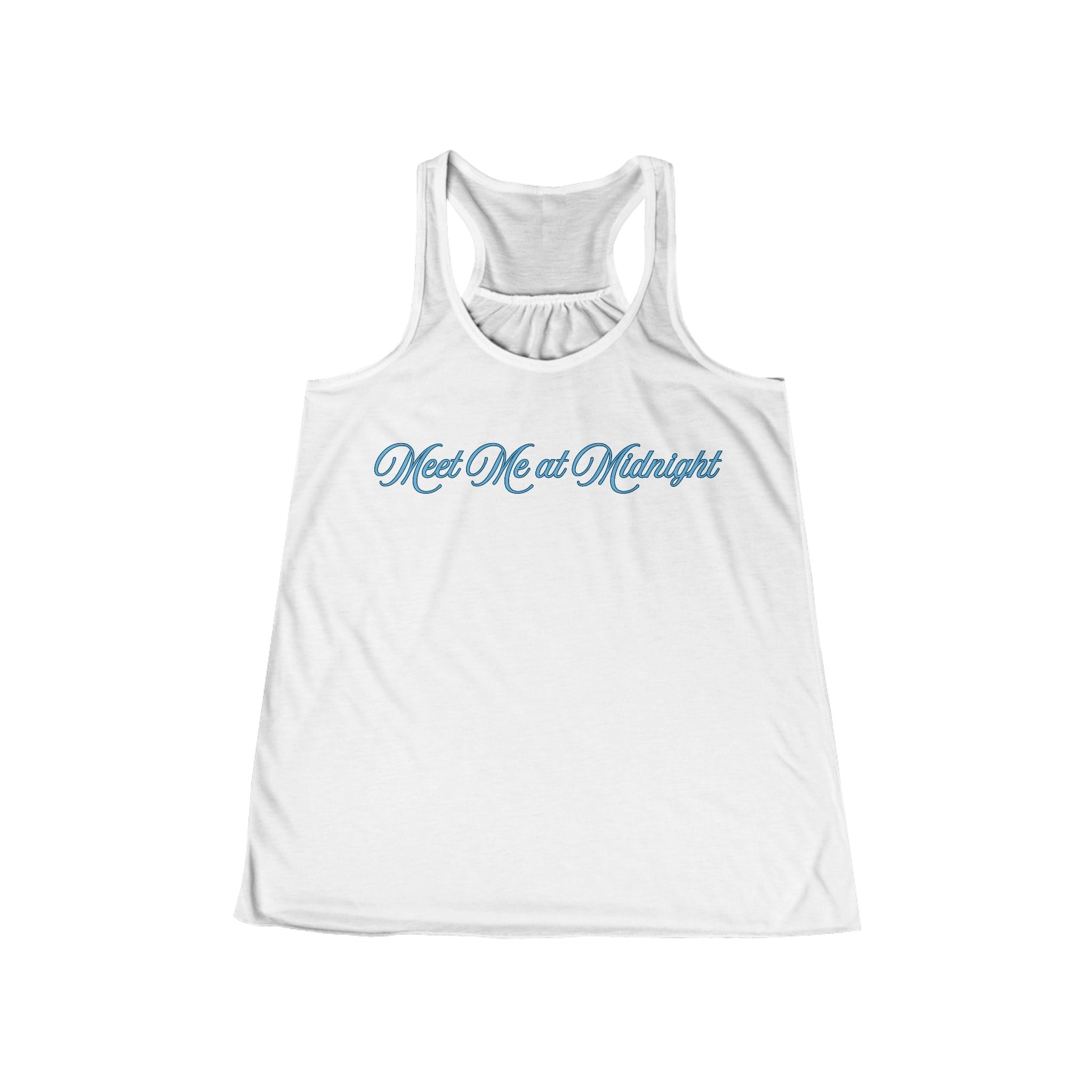 Meet Me at Midnight Blue Script Women's Flowy Racerback Tank