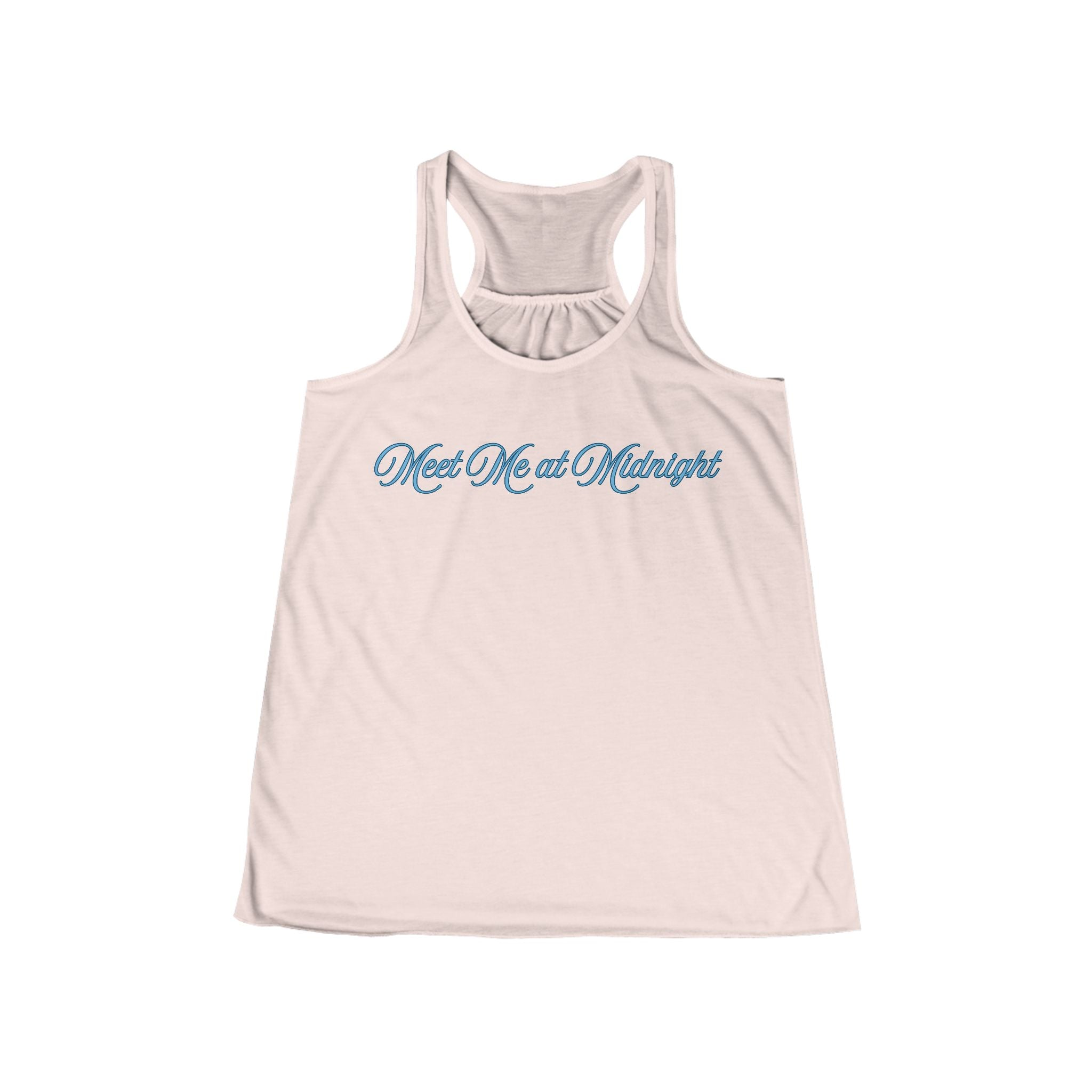 Meet Me at Midnight Blue Script Women's Flowy Racerback Tank